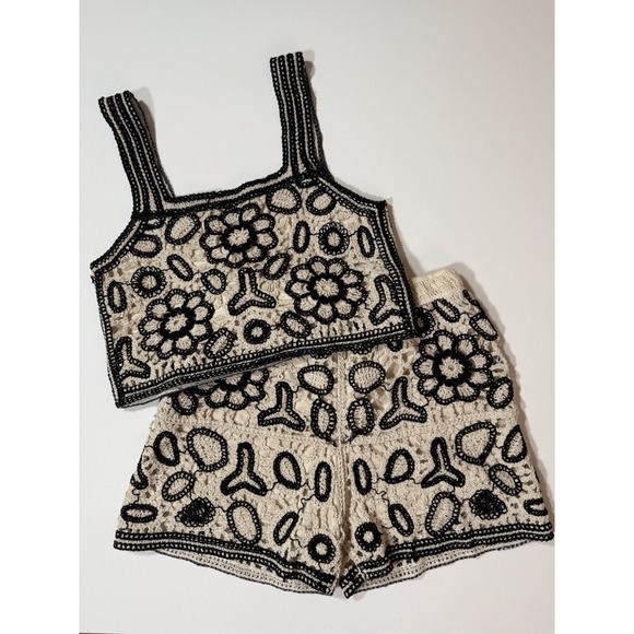 Rebellion Tops - Rebellion Boho Crochet Crop Top & Shorts Set Size S Black Beige